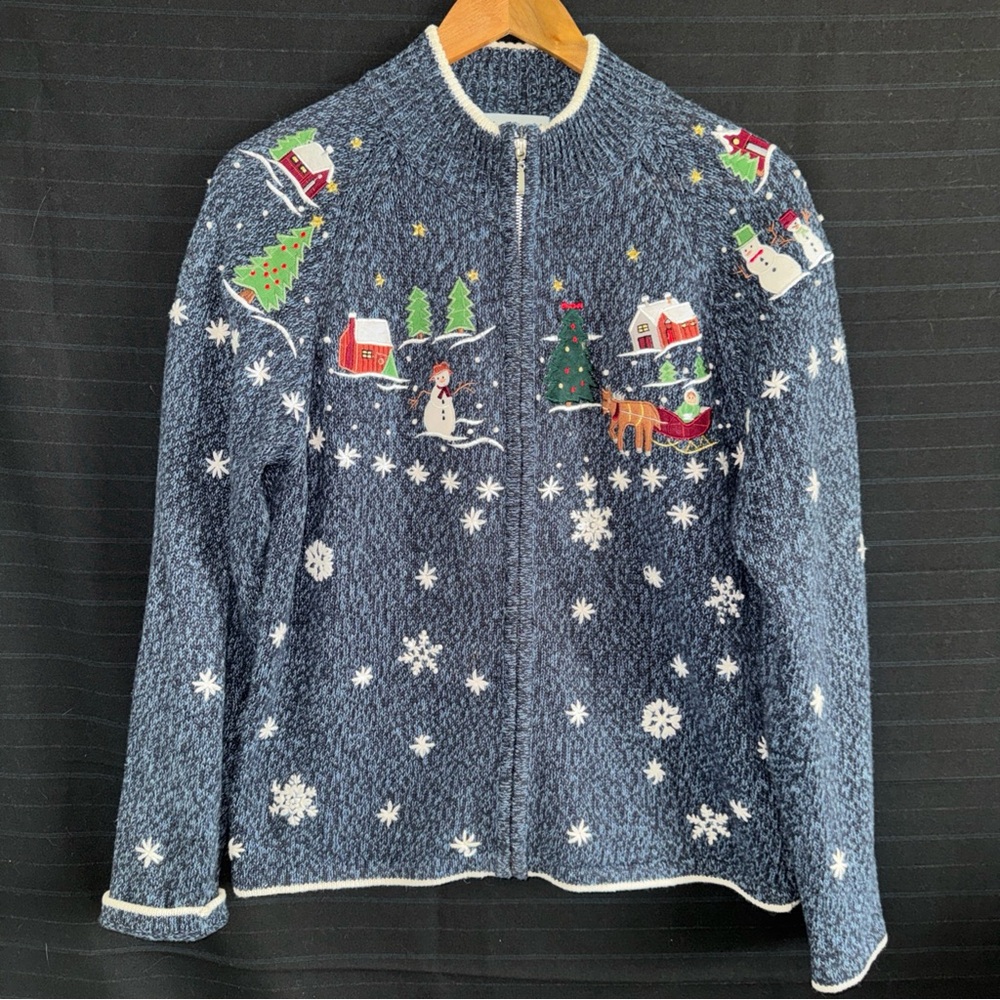 Star Blue Studios Full Zip Knit Winter Snowman Sweater Christmas Holiday Small S